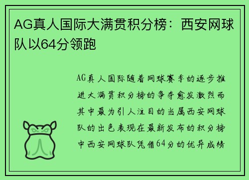 AG真人国际大满贯积分榜：西安网球队以64分领跑